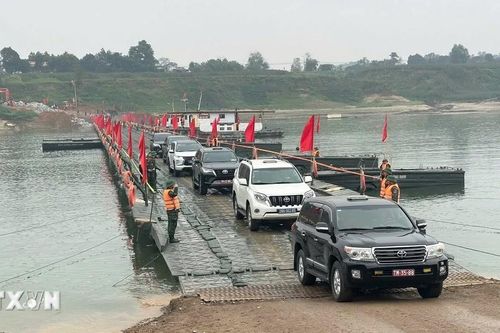 Phú Thọ: Thông xe cầu phao qua sông Lô sau 1 ngày triển khai bắc cầu