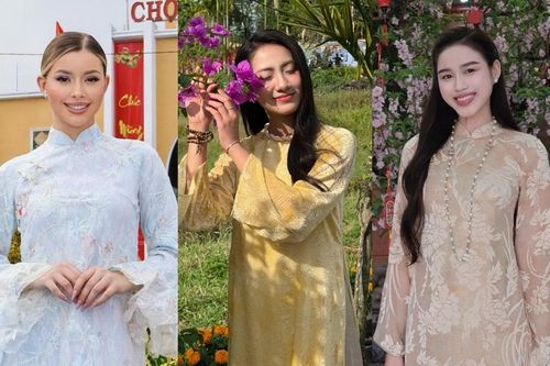 Dàn Hoa - Á hậu Việt xúng xính áo dài, đẹp tựa nàng Xuân trong ngày mùng 1 Tết