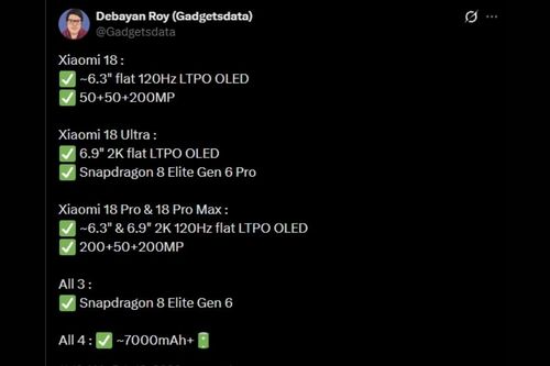 Xiaomi 18 series lộ cấu hình: Pin 7,000 mAh toàn dòng và chip Snapdragon 8 Elite Gen 6 Pro