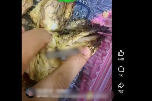 Mua gà về ăn, người phụ nữ phát hiện đầy giòi bám bên trong