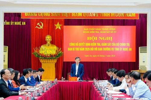 Công bố quyết định kiểm tra, giám sát của Bộ Chính trị, Ban Bí thư năm 2026 đối với Ban Thường vụ Tỉnh ủy Nghệ An