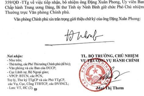 Giới thiệu chữ ký của đồng chí Đặng Xuân Phong, Phó Chủ nhiệm Thường trực Văn phòng Chính phủ