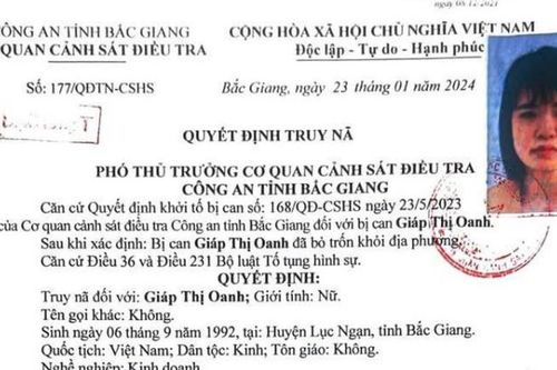 Công an Bắc Ninh thông báo truy nã 'Đặc biệt nguy hiểm' đối tượng Giáp Thị Oanh