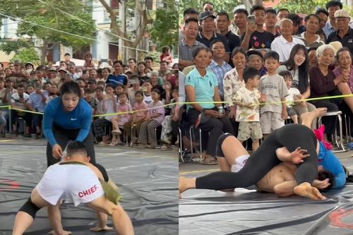 'Quỷ lùn' Hồng Sơn bị Anh Thơ đè ngửa ở sới vật, dù tung chiêu độc lạ