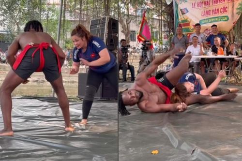Nữ đô 'mặt hoa hậu, thân lực sĩ' bị thanh niên châu Phi đè ngửa trên sới vật