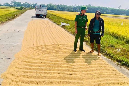 Công an xã cảnh bảo tai nạn giao thông do phơi lúa trên tuyến đường giao thông