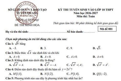 Đề thi thử vào lớp 10 môn Toán của Tuyên Quang năm 2026