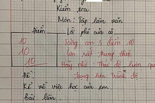 Bài văn tiểu học đạt 3 điểm 10, giáo viên viết lời phê gây tranh cãi