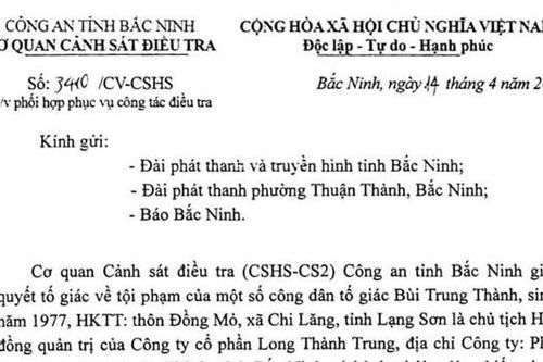Công an Bắc Ninh thông báo phối hợp điều tra Chủ tịch Công ty Long Thành Trung có dấu hiệu lừa đảo