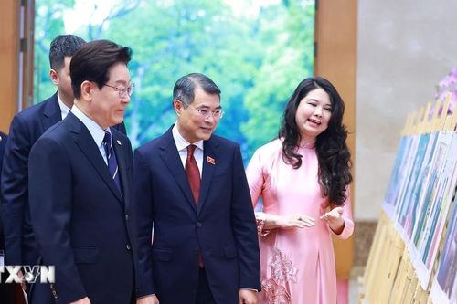 Thủ tướng Lê Minh Hưng và Tổng thống Hàn Quốc tham quan trưng bày ảnh về quan hệ hai nước