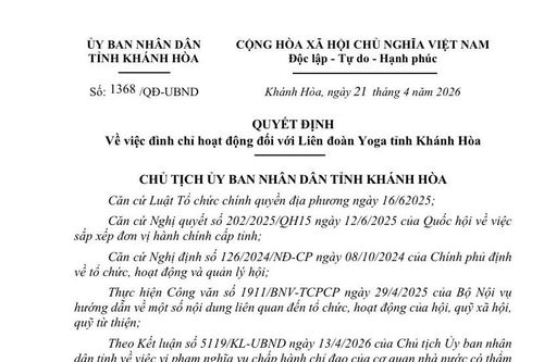 Đình chỉ hoạt động Liên đoàn Yoga tỉnh Khánh Hòa từ ngày 25-4