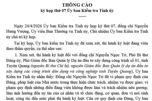 Thông báo kết quả kỳ họp thứ 7 Ủy ban Kiểm tra Tỉnh ủy Tuyên Quang