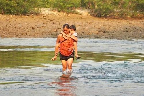 Không có cầu, cha mẹ 'nín thở' cõng con vượt sông đến trường