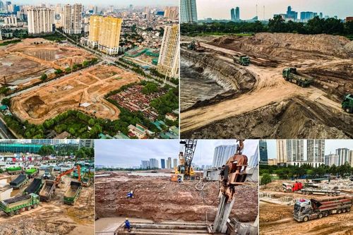 Nhìn từ flycam đại công trường hồ điều hòa chống ngập không nghỉ lễ ở Hà Nội