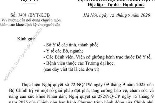 Công văn 3401/BYT-KCB hướng dẫn nội dung chuyên môn khám sức khỏe định kỳ miễn phí cho người dân