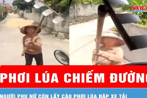 Người phụ nữ phơi lúa lấn đường, còn vác cào đập xe tải