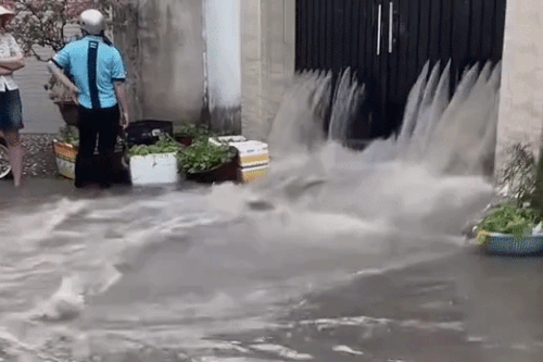 Sau mưa lớn, nước cống phun xối xả từ nền nhà dân ở Đồng Nai