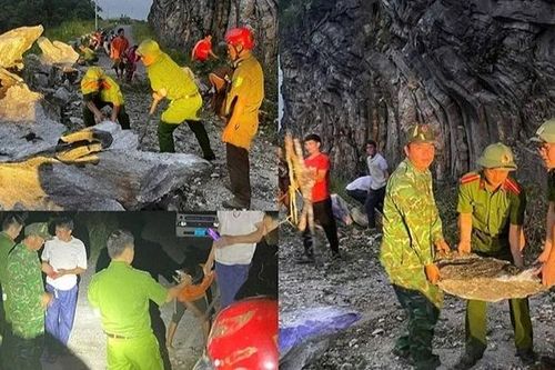 Huy động lực lượng thông tuyến đường liên xã bị ách tắc do đá lăn
