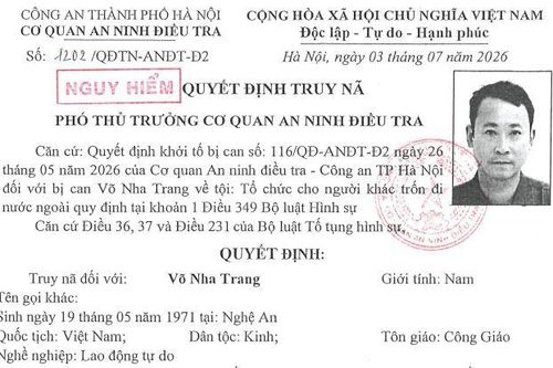 Truy nã đối tượng Võ Nha Trang về tội Tổ chức cho người khác trốn đi nước ngoài
