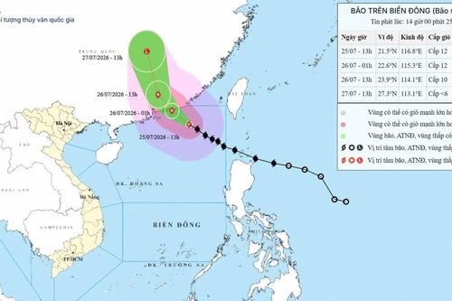 Bão số 2 đổi hướng và tăng cường độ, khả năng suy yếu dần vào ngày 26/7