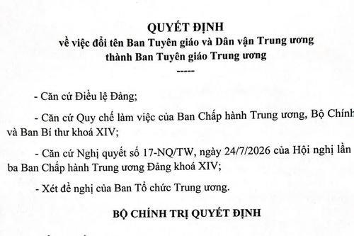 Sử dụng tên gọi chính thức 'Ban Tuyên giáo Trung ương' từ 1/8