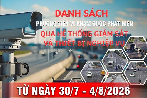 Danh sách phương tiện vi phạm giao thông được phát hiện qua hệ thống giám sát và thiết bị nghiệp vụ từ ngày 30/7-4/8/2026