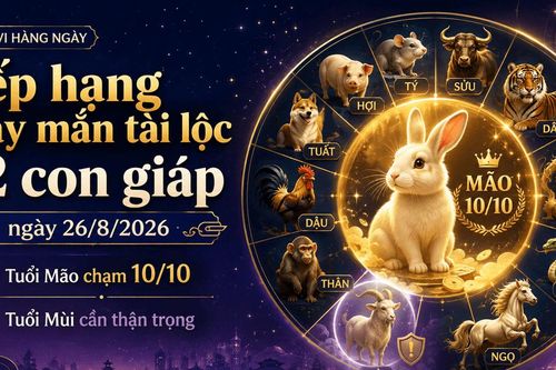 Xếp hạng may mắn 12 con giáp ngày 26/8/2026: Tuổi Mão chạm 10 điểm, tuổi Mùi cần thận trọng lời nói