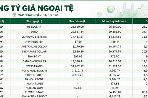 Tỷ giá ngoại tệ ngày 31/8: USD mua vào 25.850 đồng, GBP bán ra gần 36.000 đồng