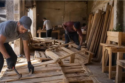 Người dân Gaza tận dụng pallet gỗ viện trợ nhân đạo để làm đồ nội thất