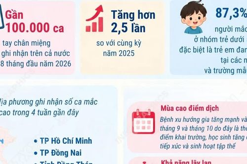 Số ca mắc tay chân miệng trong 8 tháng năm 2026 tăng 2,5 lần