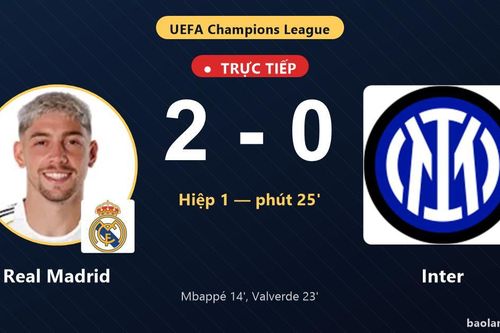 TRỰC TIẾPTrực tiếp Real Madrid vs Inter: Real Madrid nhân đôi cách biệt