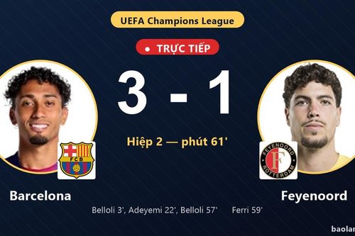 TRỰC TIẾPTrực tiếp Barcelona vs Feyenoord: Feyenoord rút ngắn cách biệt 3-1