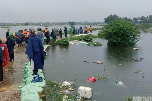 Bộ đội Lữ đoàn 28 dầm mưa đắp đê chống ngập