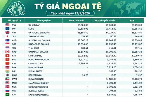 Tỷ giá ngoại tệ ngày 19/9: USD ở mức 26.210 đồng, AUD trên 18.800 đồng