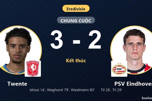 Thua ngược Twente 3-2, PSV Eindhoven lỡ thời cơ chiếm đỉnh bảng Eredivisie