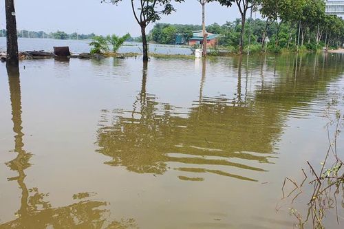 Đường gom đại lộ Thăng Long ngập sâu, xe máy rẽ sóng qua 'biển nước'