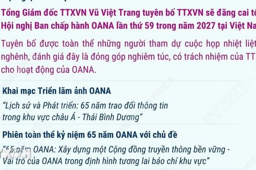 TTXVN sẽ đăng cai tổ chức Hội nghị OANA lần thứ 59 vào năm 2027