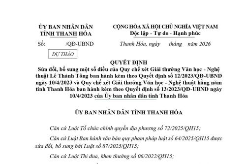 Dự thảo Quyết định sửa đổi, bổ sung một số điều của Quy chế xét Giải thưởng Văn học - Nghệ thuật Lê Thánh Tông
