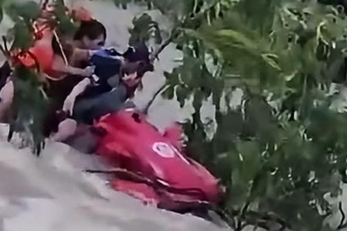 Cận cảnh khoảnh khắc công an giải cứu người đàn ông bám bụi cây giữa dòng nước lũ