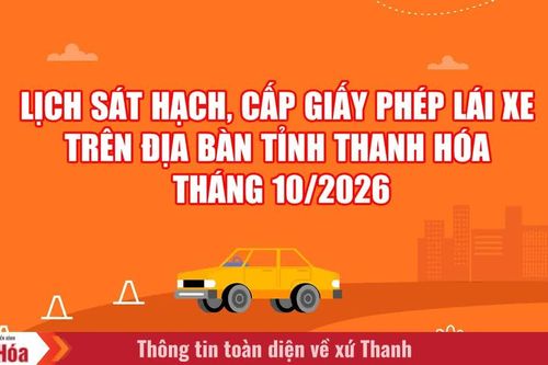 Lịch sát hạch, cấp giấy phép lái xe trên địa bàn tỉnh Thanh Hóa tháng 10/2026