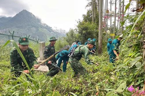 Các lực lượng phát quang 10,8 km đường tuần tra biên giới tại xã Cô Ba