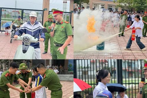 Công an xã hướng dẫn học sinh tự tay dập lửa và tham gia giao thông an toàn