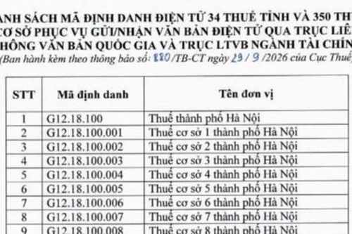 Cập nhật: Mã định danh điện tử mới của 34 thuế tỉnh, thành phố và 350 thuế cơ sở