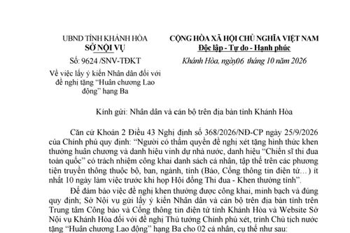 Lấy ý kiến Nhân dân đối với đề nghị tặng “Huân chương Lao động” hạng Ba