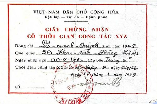 Giấy chứng nhận có thời gian công tác của đồng chí Lê Mạnh Quỳnh