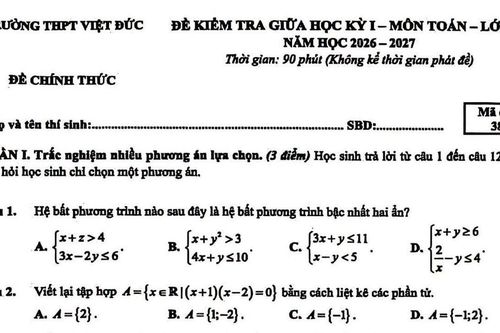 Đề kiểm tra giữa học kỳ 1 môn Toán lớp 10 của Trường Trung học phổ thông Việt Đức