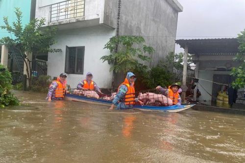 Lực lượng Công an hỗ trợ người dân vùng ngập Vạn Tường di dời tài sản