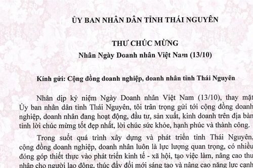 Chủ tịch UBND tỉnh Thái Nguyên gửi thư chúc mừng cộng đồng doanh nhân