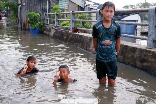 Triều cường dâng cao, trẻ em TPHCM thỏa thích bơi lội trên đường phố