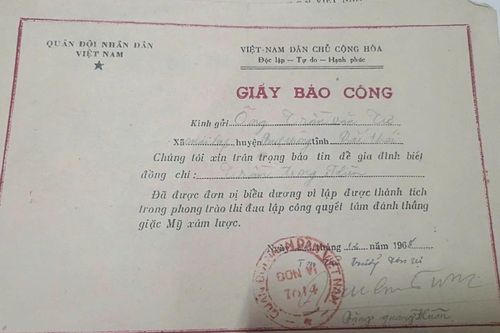 Giấy báo công ghi nhận thành tích của đồng chí Trần Trọng Kiên